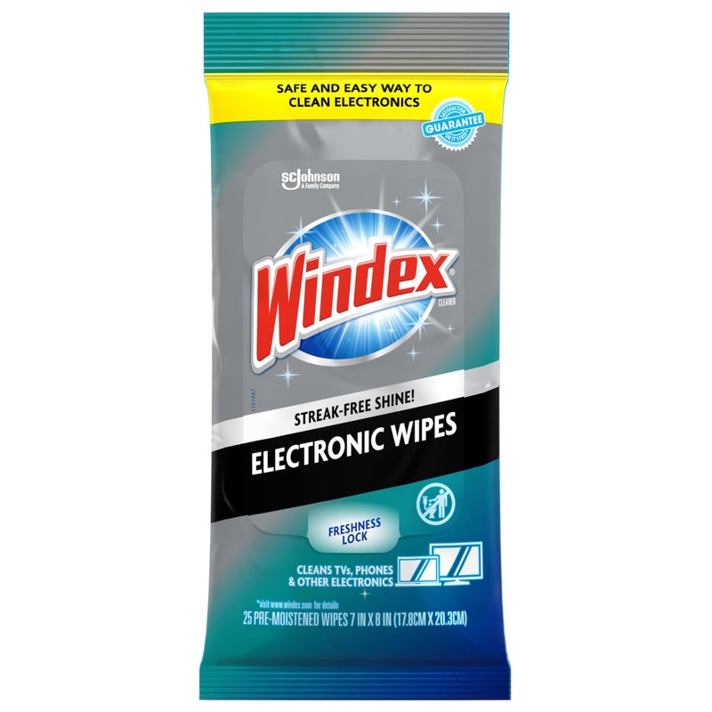Windex Electronic Cleaning Wipes, Pre-Moistened Screen Wipes for TVs, Phones, and Other Electronics, Resealable for a Freshness Lock, 25 Count - Image 1